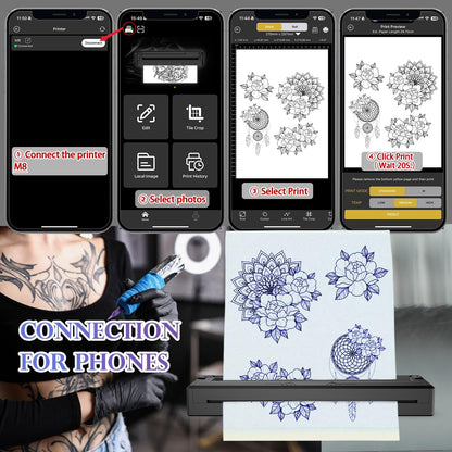 Wireless Tattoo Stencil Printer, Portable Bluetooth Thermal Tattoo Printer with App Custom-Size≤ A4, Print Realistic Portraits, 10 Transfer Papers, Works for Phone/Tablet/Pc (Black)