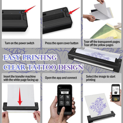 Wireless Tattoo Stencil Printer, Portable Bluetooth Thermal Tattoo Printer with App Custom-Size≤ A4, Print Realistic Portraits, 10 Transfer Papers, Works for Phone/Tablet/Pc (Black)