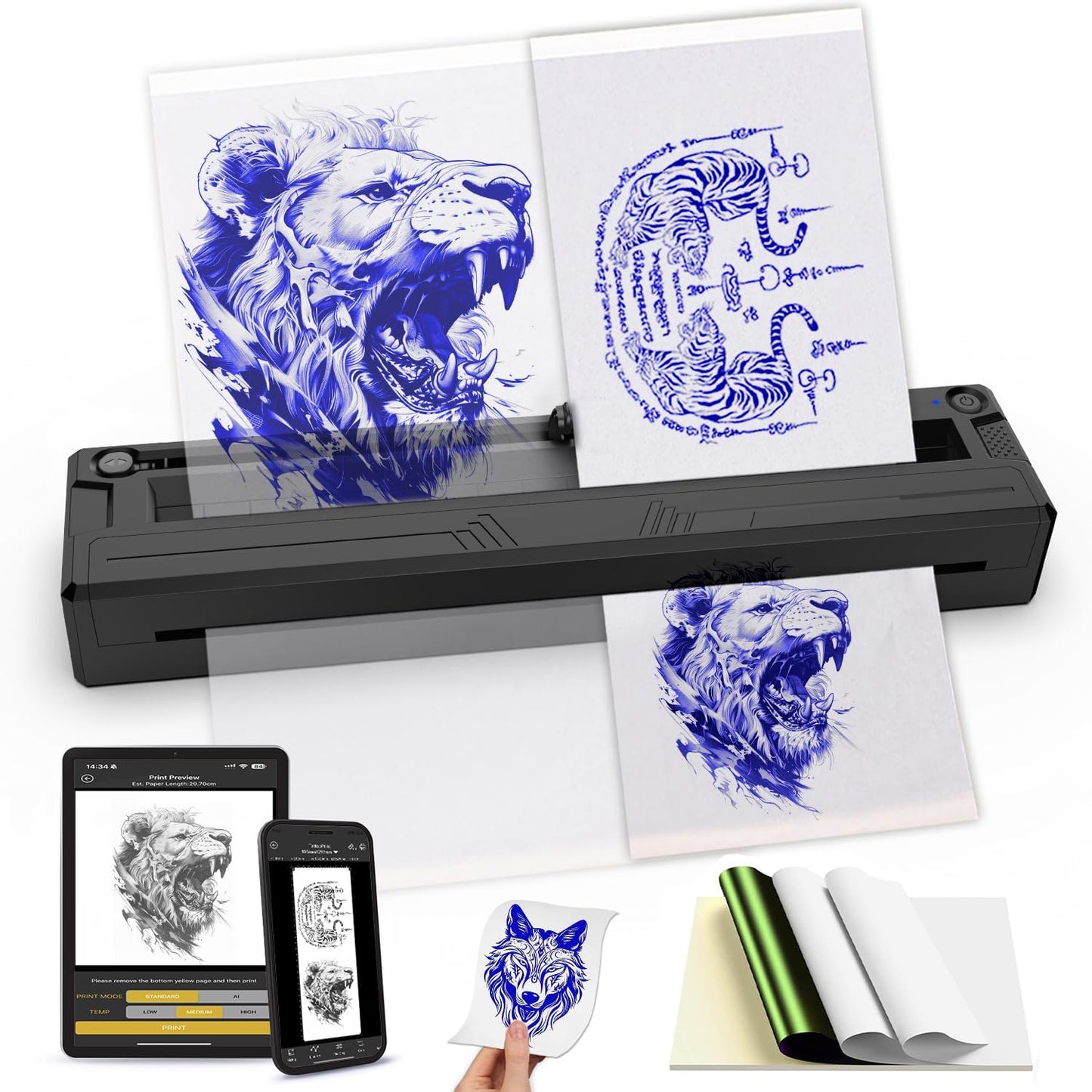 Wireless Tattoo Stencil Printer, Portable Bluetooth Thermal Tattoo Printer with App Custom-Size≤ A4, Print Realistic Portraits, 10 Transfer Papers, Works for Phone/Tablet/Pc (Black)