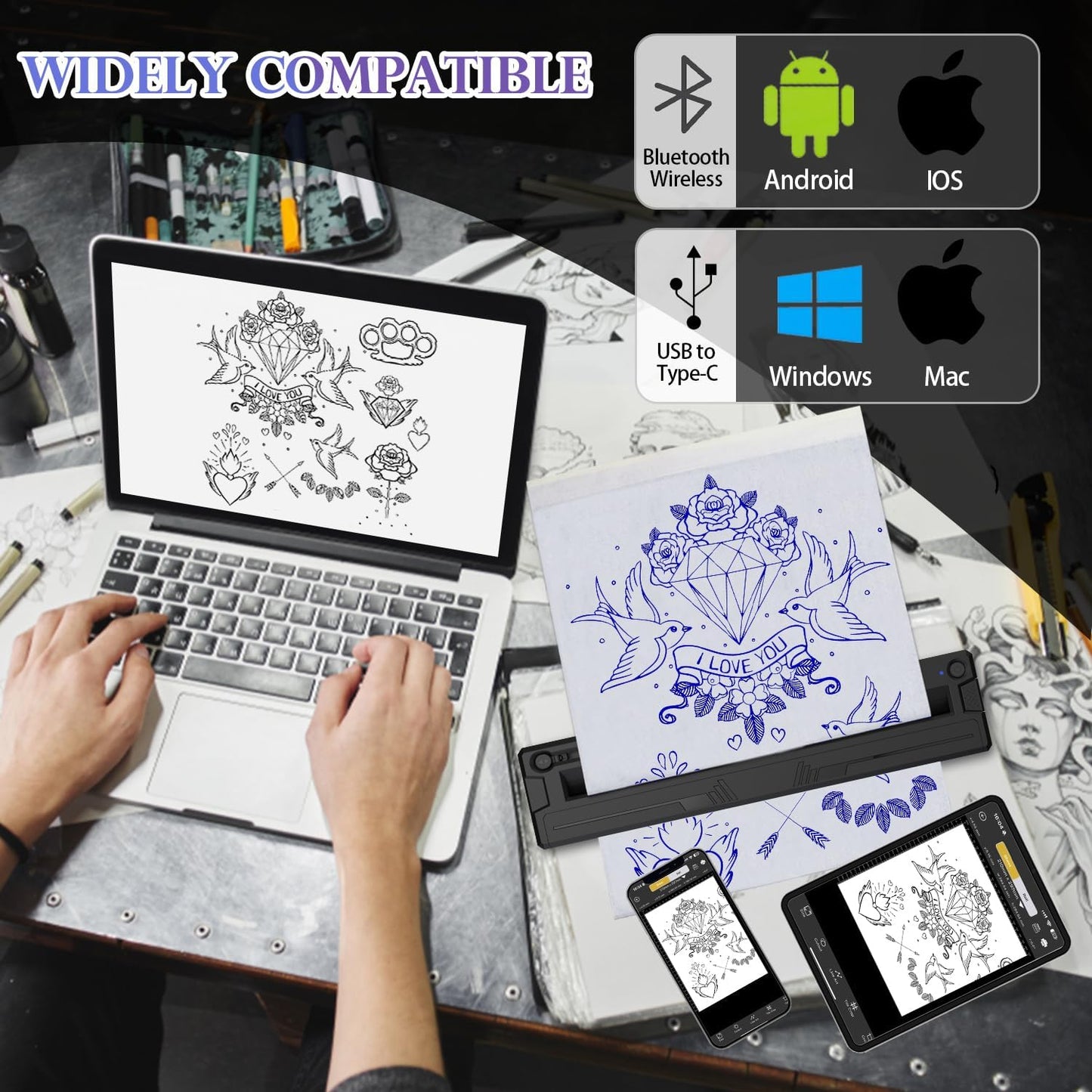 Wireless Tattoo Stencil Printer, Portable Bluetooth Thermal Tattoo Printer with App Custom-Size≤ A4, Print Realistic Portraits, 10 Transfer Papers, Works for Phone/Tablet/Pc (Black)