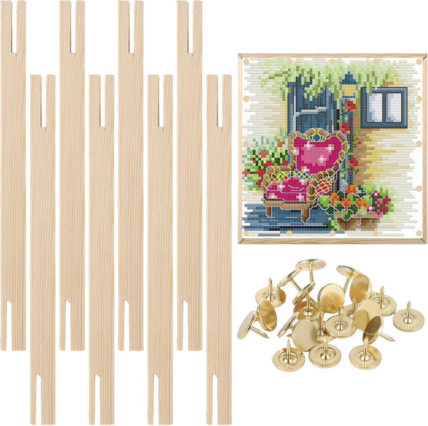 Needlepoint Stretcher Bar Set, 8 Pieces with 100 Pins, Canvas Stretcher Bars, Needlework Art Supplies, Wood Canvas Needlepoint Frames, Easy Assembly for Embroidery, Needlework Projects
