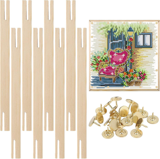 Needlepoint Stretcher Bar Set, 8 Pieces with 100 Pins, Canvas Stretcher Bars, Needlework Art Supplies, Wood Canvas Needlepoint Frames, Easy Assembly for Embroidery, Needlework Projects
