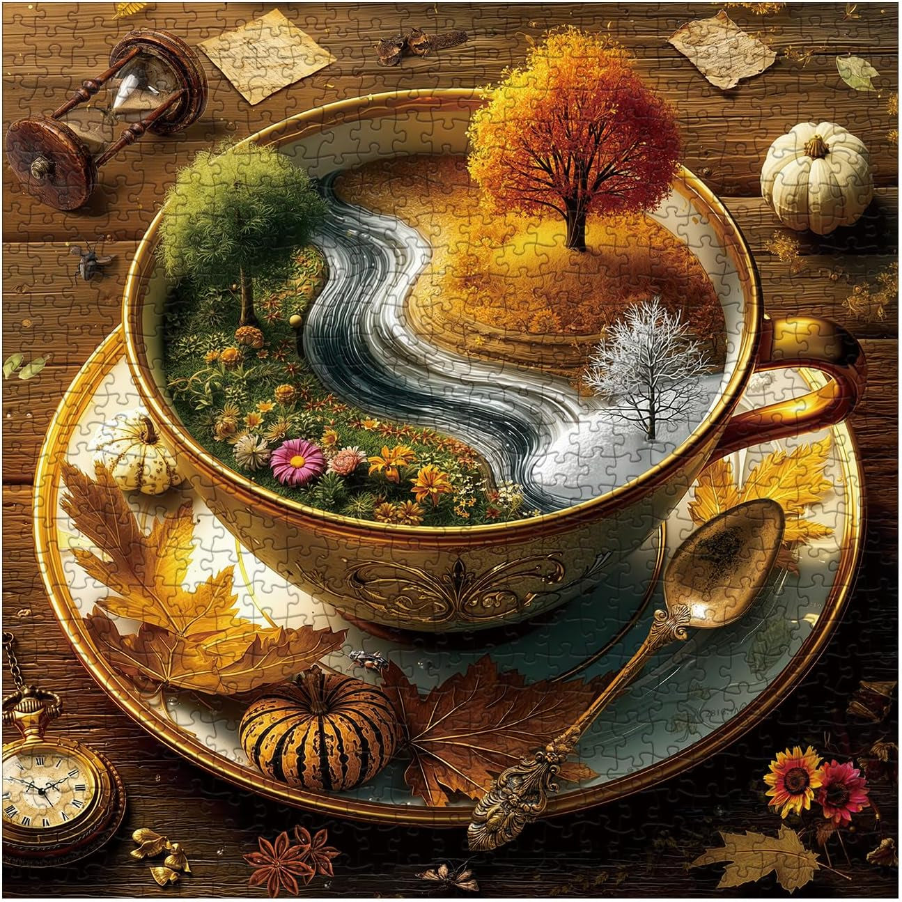 Seasons of Cup 1000-Piece Nature Jigsaw Puzzles for Adults - Beautiful Landscape and Floral Garden Art, Challenging Fall Tree Design