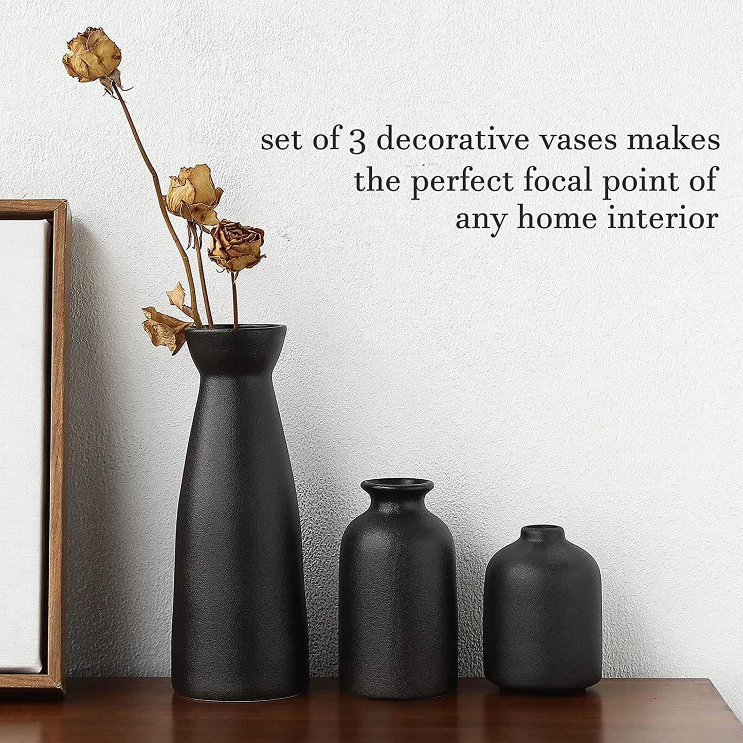 Ceramic Vase,Small Vases for Decor,Set 3 Modern Boho Vases for Flower Pampas,Fit for Living Room Desk Shelf Decor,Black