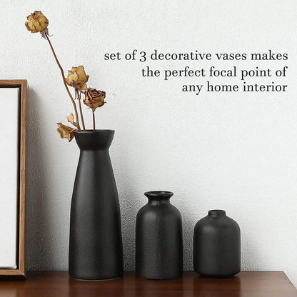 Ceramic Vase,Small Vases for Decor,Set 3 Modern Boho Vases for Flower Pampas,Fit for Living Room Desk Shelf Decor,Black