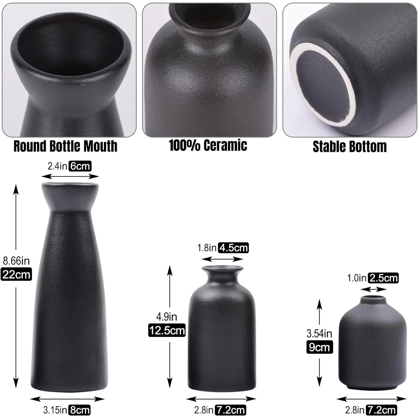 Ceramic Vase,Small Vases for Decor,Set 3 Modern Boho Vases for Flower Pampas,Fit for Living Room Desk Shelf Decor,Black