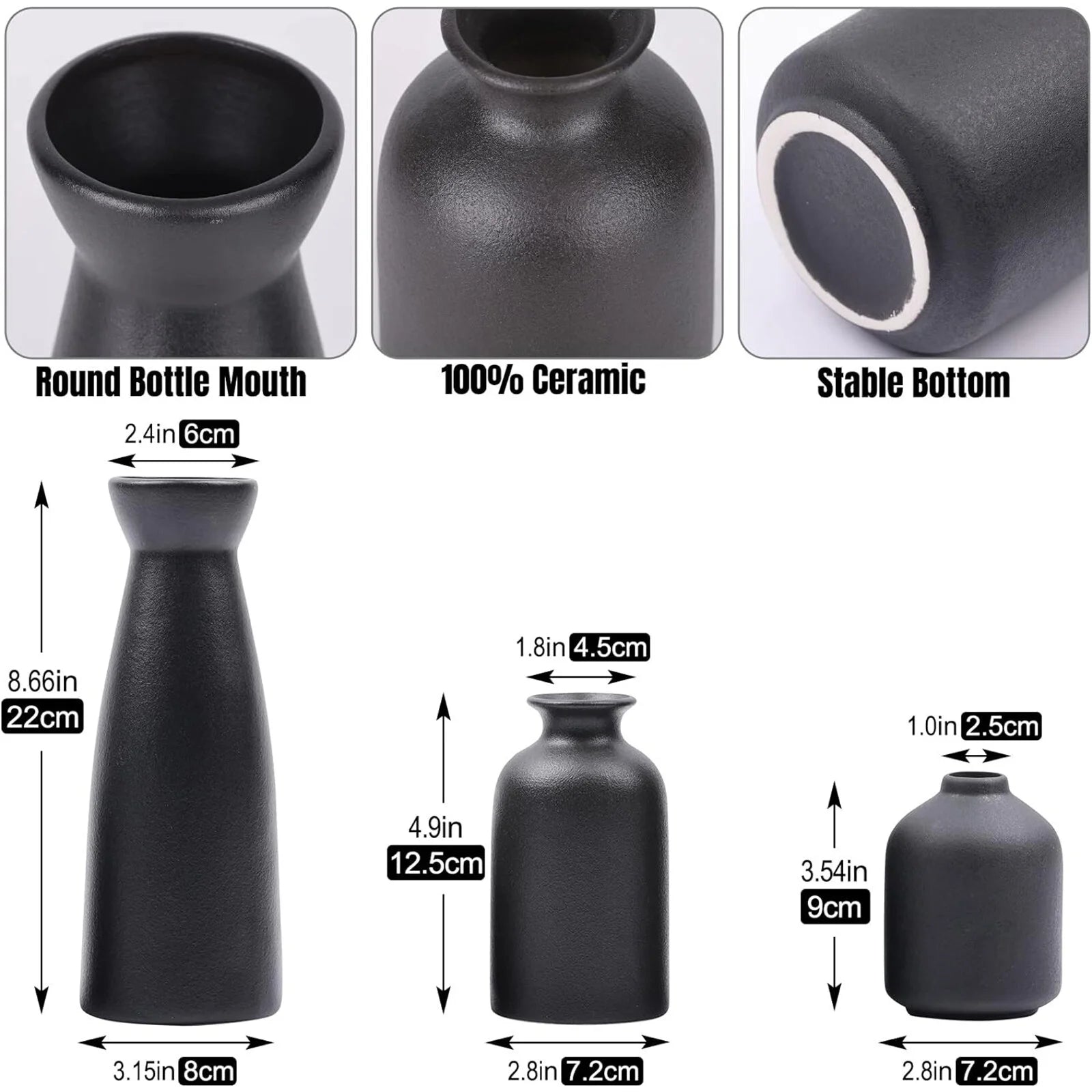 Ceramic Vase,Small Vases for Decor,Set 3 Modern Boho Vases for Flower Pampas,Fit for Living Room Desk Shelf Decor,Black