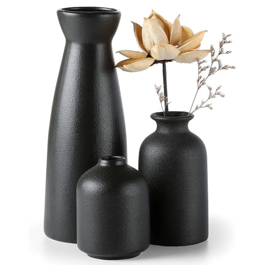 Ceramic Vase,Small Vases for Decor,Set 3 Modern Boho Vases for Flower Pampas,Fit for Living Room Desk Shelf Decor,Black