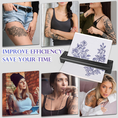 Wireless Tattoo Stencil Printer, Portable Bluetooth Thermal Tattoo Printer with App Custom-Size≤ A4, Print Realistic Portraits, 10 Transfer Papers, Works for Phone/Tablet/Pc (Black)
