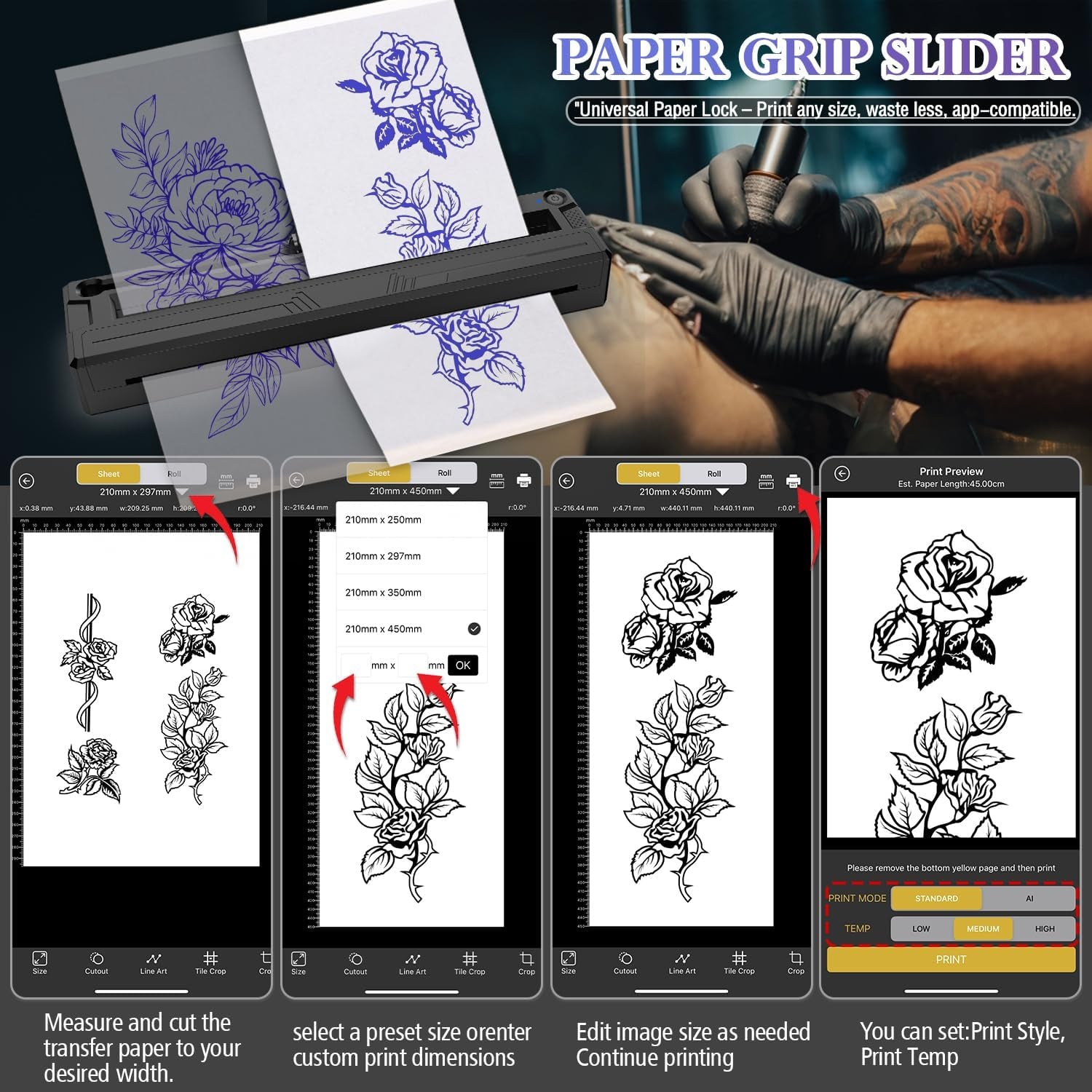 Wireless Tattoo Stencil Printer, Portable Bluetooth Thermal Tattoo Printer with App Custom-Size≤ A4, Print Realistic Portraits, 10 Transfer Papers, Works for Phone/Tablet/Pc (Black)