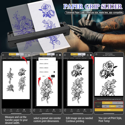Wireless Tattoo Stencil Printer, Portable Bluetooth Thermal Tattoo Printer with App Custom-Size≤ A4, Print Realistic Portraits, 10 Transfer Papers, Works for Phone/Tablet/Pc (Black)